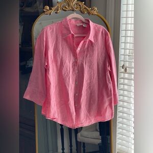 L.L. Bean 3/4 Sleeve Pink Button-Up 100% Linen Shirt